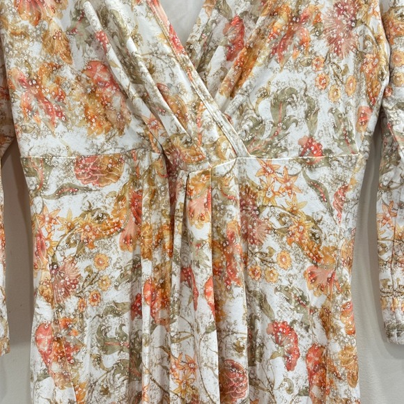 Peruvian Connection Persephone Dress Floral V-Neck Jersey Midi Orange Cream L - Picture 6 of 13